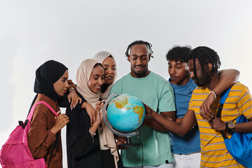 A diverse group of students is gathered around a globe, engrossed in exploration and study, their...