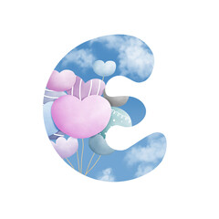 Alphabet letter E with bunch of balloons
