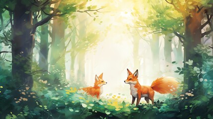 painting of foxes exploring the ancient woodland