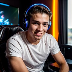 a young programmer developer gamer, a cool, geeky nerd playing online games on webcam communicating with other players