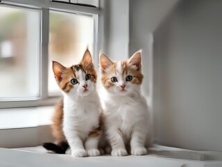 窓辺に寄り添う二匹の可愛い子猫