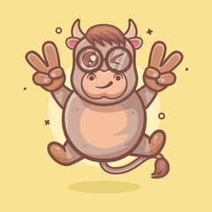 Fototapeta premium cute bull character mascot with peace sign hand gesture isolated cartoon 