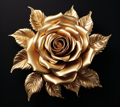 A detailed metallic gold rose on a black background, symbolizing luxury and romance. Ideal for Valentine's or anniversary themes.