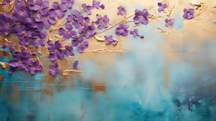 A lush and vibrant wall art piece featuring a golden textured backdrop with chic purple flowers blooming across the canvas. This elegant and modern design merges botanical beauty with abstract luxury