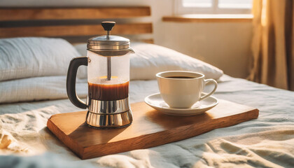 a relaxing sunday coffee break bed sheets breakfast domestic casual relaxation relax happiness flavorful caffeine beverage french drink french press blanket pillow comfy morning bedroom comfortable - obrazy, fototapety, plakaty