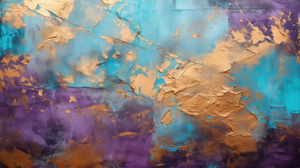 A vibrant abstract mural with a luxurious metallic texture that flows from gold to blue and purple....