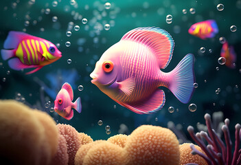 Fototapeta na wymiar Aquarium, Colorful tropical fish swimming in ocean. Generative AI