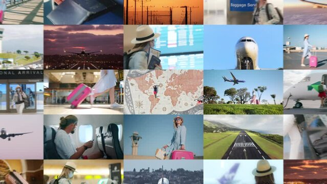 Zoom out collage of global travel background. Happy people traveling by airplanes. International tourism concept. Tourist with luggage in airport. Man passenger in aircraft. Woman check in flight 4K