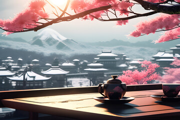calming-tea-time-on-snowy-day-in-japan-with-wide-land-scape. Generative AI