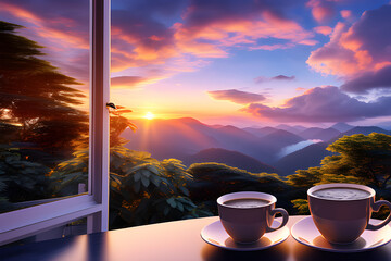 enjoy-a-cup-of-coffee-while-looking-at-the-sunset-sky. Generative AI