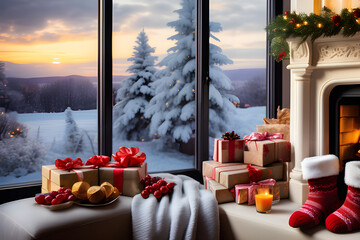 fireplace-christmas-presents-christmas-socks-warm-atmosphere-merry-christmas. Generative AI