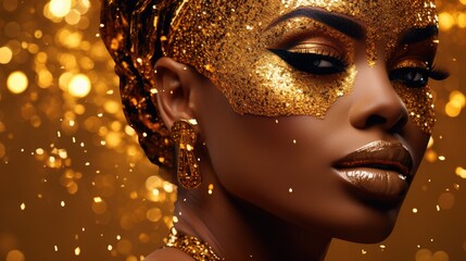 Elegant woman with golden makeup in sparkling environment. Luxury beauty and fashion.
