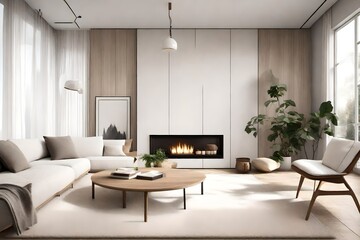 A minimalist living room with a cozy fireplace and a soft white rug.