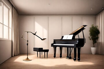 A minimalist music room with a piano and a music stand. 