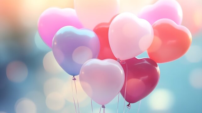 Arrange a bunch of heart-shaped balloons in various colors against a romantic backdrop, background image, generative AI