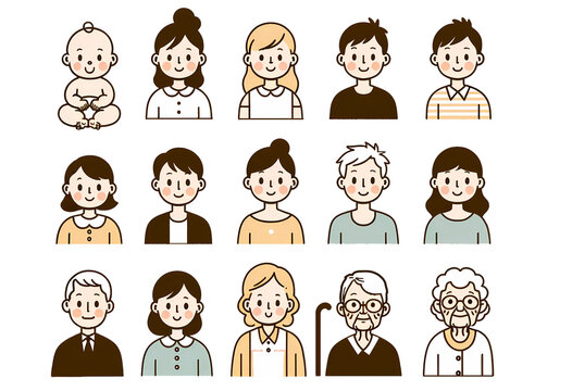 set of simple, two-color illustrations of people at different ages, both male and female