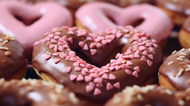 Portrait of delicious donuts forming a heart, background image, generative AI