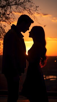Portrait of a silhouette of a couple against a warm romantic sunset, background image, generative AI