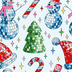 Disco mirror ball snowman, Santa hat, candy cane in cartoon style on black background.
Cute Christmas seamless pattern. Vector funky illustration. Trendy wrapping paper texture. - 694183622