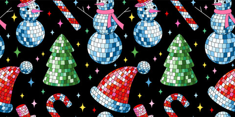 Disco mirror ball snowman, Santa hat, candy cane in cartoon style on black background.
Cute Christmas seamless pattern. Vector funky illustration. Trendy wrapping paper texture. - 694183631