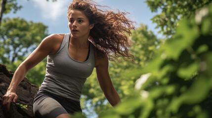 A sporty young woman trains outside in the forest