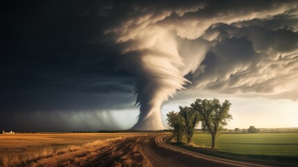 Tornado column in rural landscape