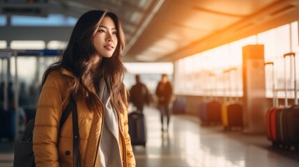 Young Asian woman carrying suitcase, looking through window at airport - obrazy, fototapety, plakaty
