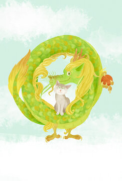 年賀イラスト　ドラゴンとねこ