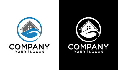 Creative House and leaves logo design in simple lines on white and black color background