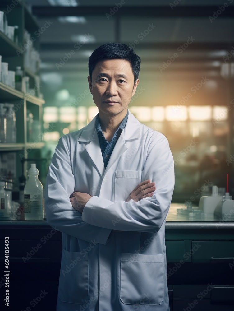 Poster a man in a lab coat standing in front of a shelf. generative ai.
