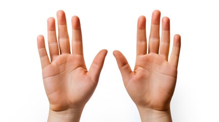 Two hands with fingers up on a white background. Generative AI.