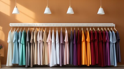 Colorful t-shirts hanging on hangers in a room. Generative AI.