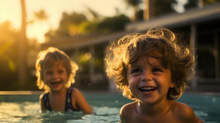 Two children in a swimming pool at sunset. Generative AI.