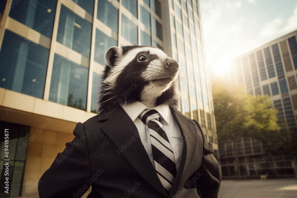 Poster a skunk in a suit and tie standing in front of a tall building. generative ai.