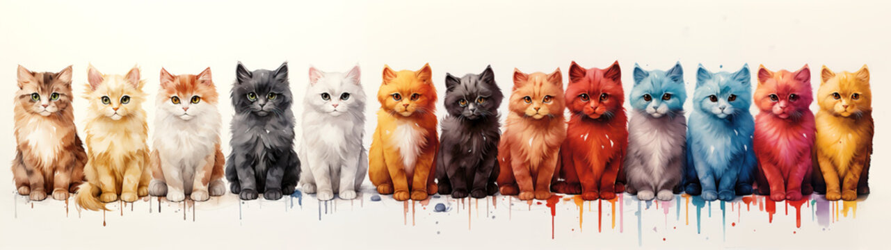 Group of cats. Watercolor hand drawn illustration isolated on white background