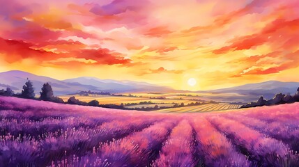 landscape of lavender fields at sunset watercolor painting