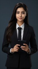 A professional businesswoman holding a tablet computer and looking confident. Generative AI.