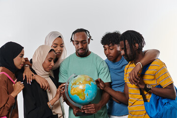 A diverse group of students is gathered around a globe, engrossed in exploration and study, their vibrant energy captured against a pristine white background, symbolizing unity and curiosity in their