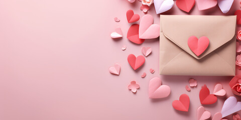 An envelope with heart-shaped paper cutouts on a pastel pink background, ideal for Valentine's Day.