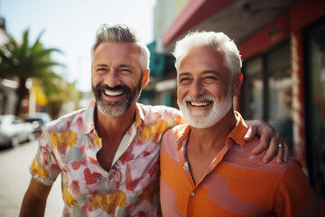 gay men couple senior, retired, grey and white hair, standing outdoors in sunlight on vacation, hugging smiling, bearded, wearing clorful shirts, love, boyfriends, happy partners, lgbtlgbq complicity