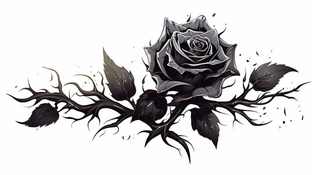 Artistic monochrome illustration of a black rose with thorns and splatter effects, suitable for gothic themes or remembrance events.