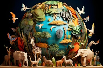 Wildlife symphony in vibrant hues: Elephant, zebra, deer, lion, giraffe, birds, leopard—paper art on Earth