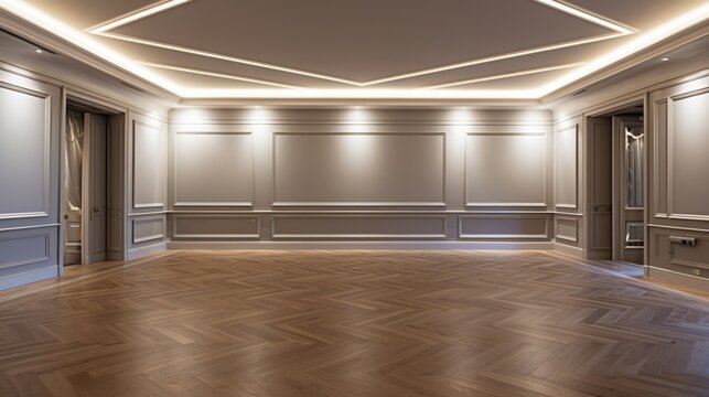 istanbul,turkey-march 1 2022luxury empty room with parquet flooring with decor false ceiling with led lighting