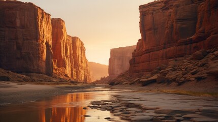 A peaceful canyon bathed in the warm glow of the setting sun