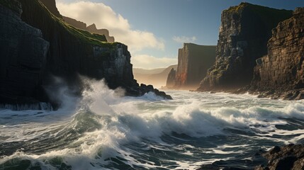 A rocky coastline adorned with towering cliffs and the relentless crash of waves