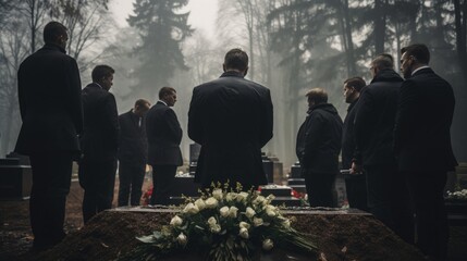Funeral Mourning: Grieving Individuals Paying Respects at Cemetery, Emotional Farewell, Supportive Atmosphere, Remembrance, Condolence, Final Goodbye, Collective Grief, Funeral Service, Commemoration,