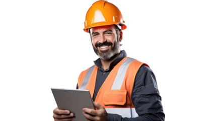 Happy smart engineer man smiling isolated without background.