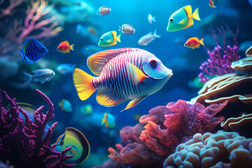 Aquarium. Colorful tropical fish swimming in ocean. Generative AI
