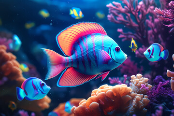 Colorful tropical fish swimming in ocean. Generative AI - obrazy, fototapety, plakaty