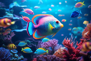 Fototapeta na wymiar Colorful tropical fish swimming in ocean. Generative AI